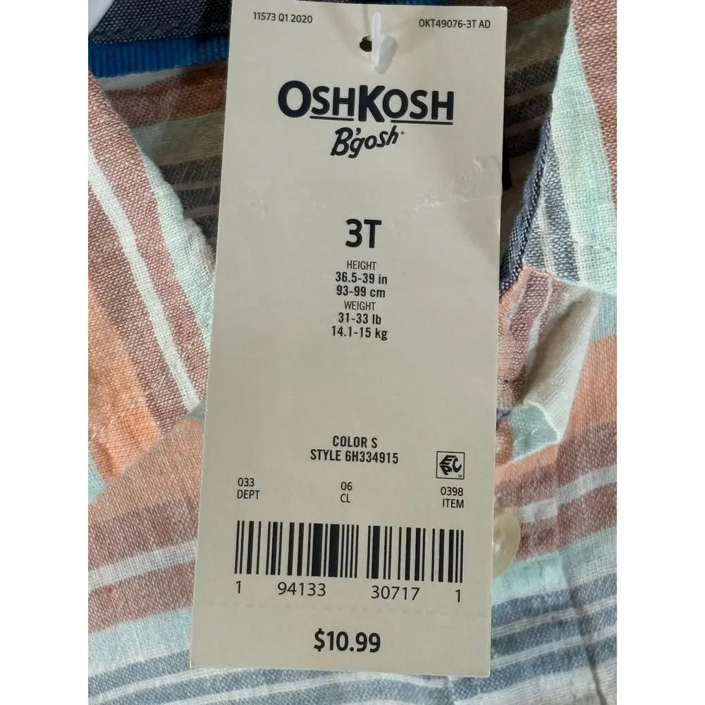 OshKosh Boys Striped Short Sleeve Button Down Shirt, Sz 3T, NWT